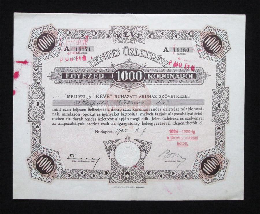 KÉVE Ruházati Áruház Szövetkezet üzletrész 1000 korona 1924